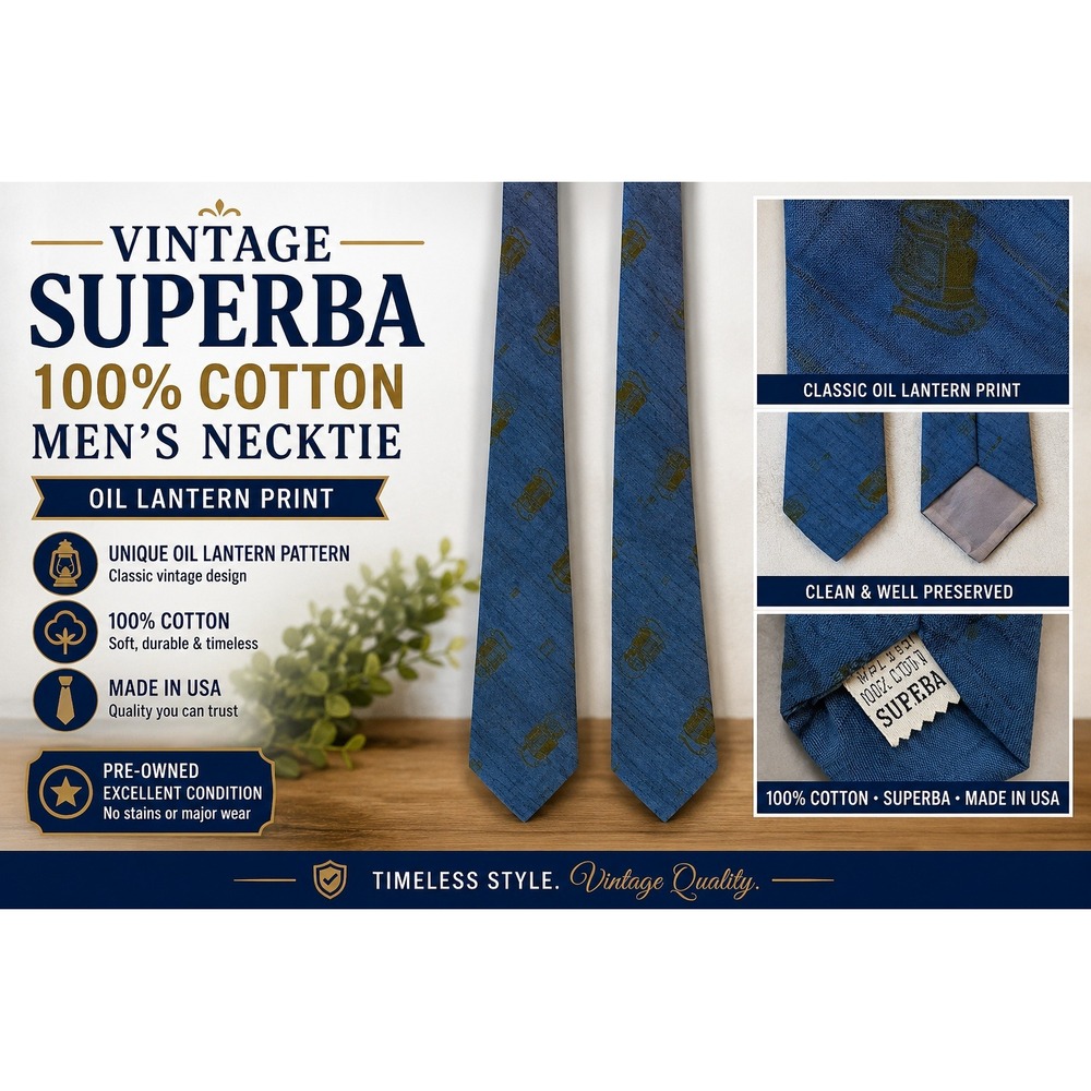 Vintage Superba Mens Necktie Blue 100% Cotton Oil Lantern Print Made in USA